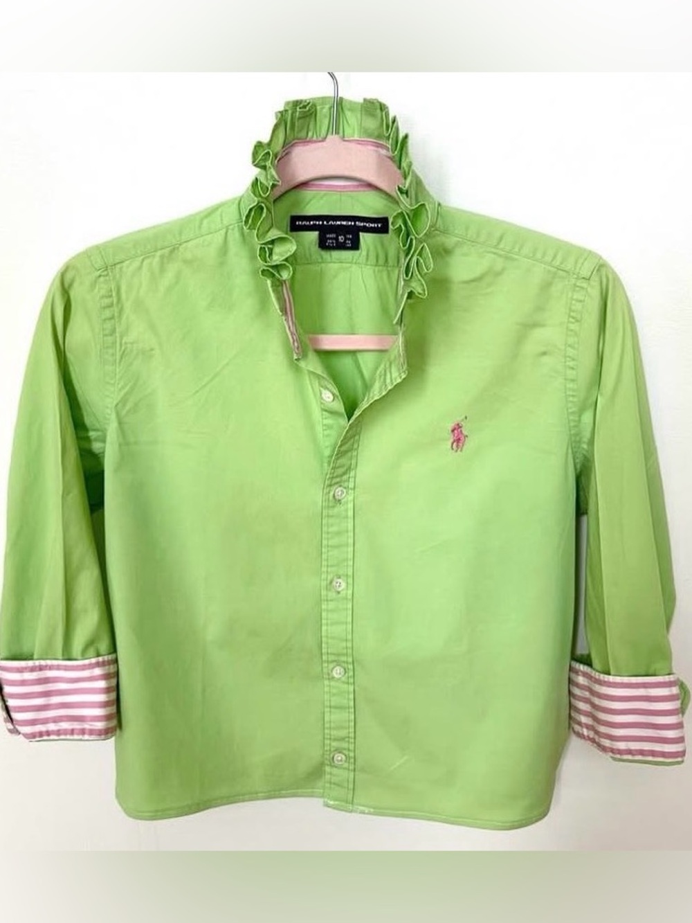 Ralph Lauren Lime Green Button-Down with Pink Logo & Ruffle Collar